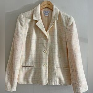 Vintage 90s Pastel Yellow Tweed Blazer Petite 8P Preppy Spring Jacket